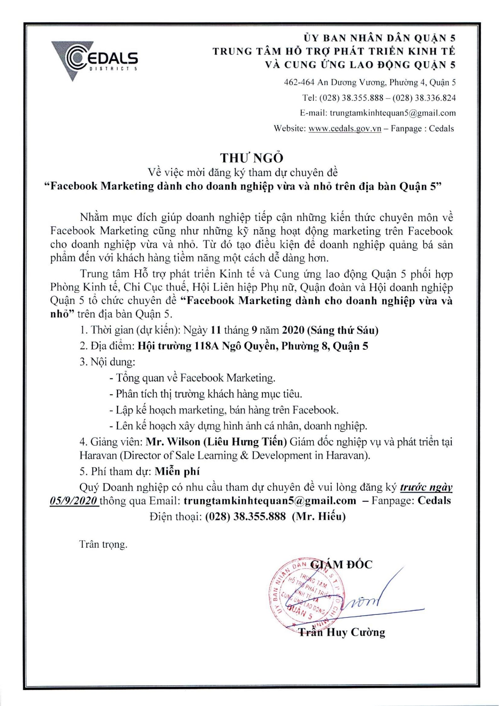 “lớp chuyên đề Facebook Marketing dành cho doanh nghiệp vừa và nhỏ”